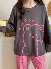 Bear Print Pajama Set Long Sleeve Top & Plaid Pants