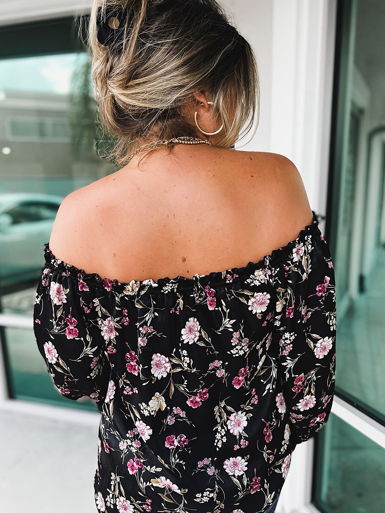 Off Shoulder Floral Print Blouse Women's Plus Semi Sheer B