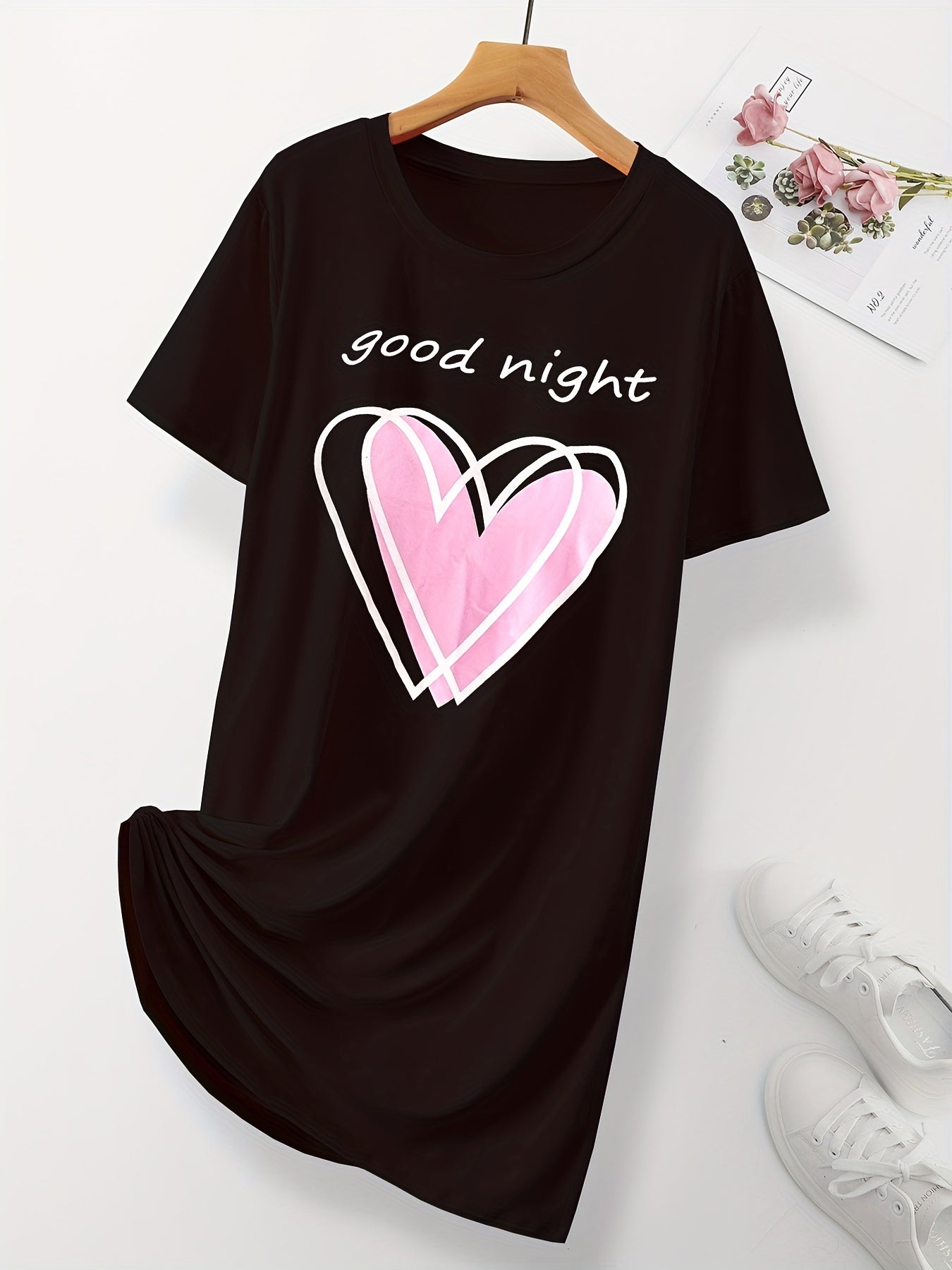Heart & Letter Print Round Neck Sleep Dress