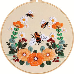 Flower Bee Embroidery Kit with Hoop DIY Cross Stitch Set