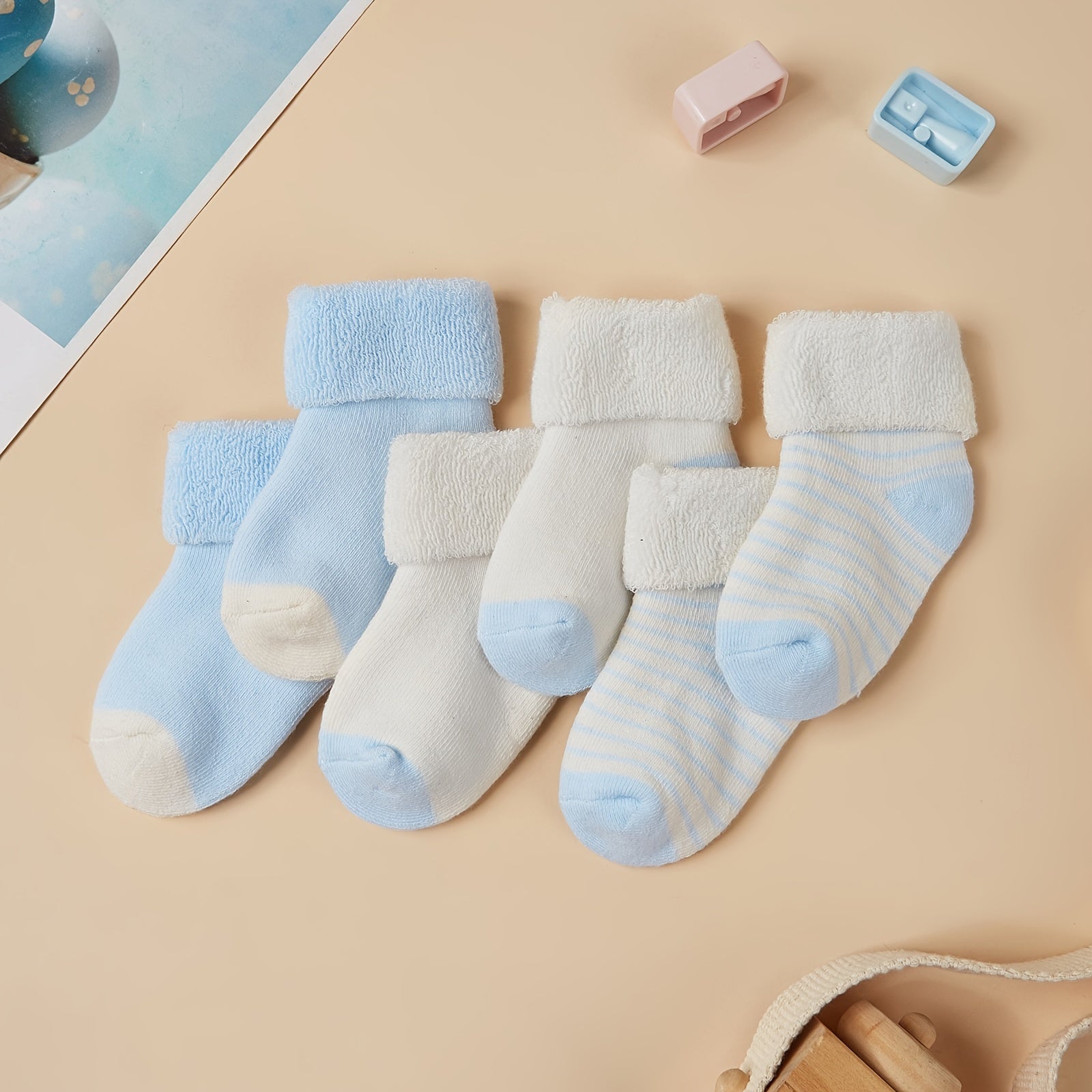 3 Pairs Newborn Baby Striped Plush Crew Socks for Boys/Girls