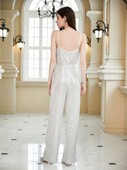 Sequined V Neck Jumpsuit w/Belt
