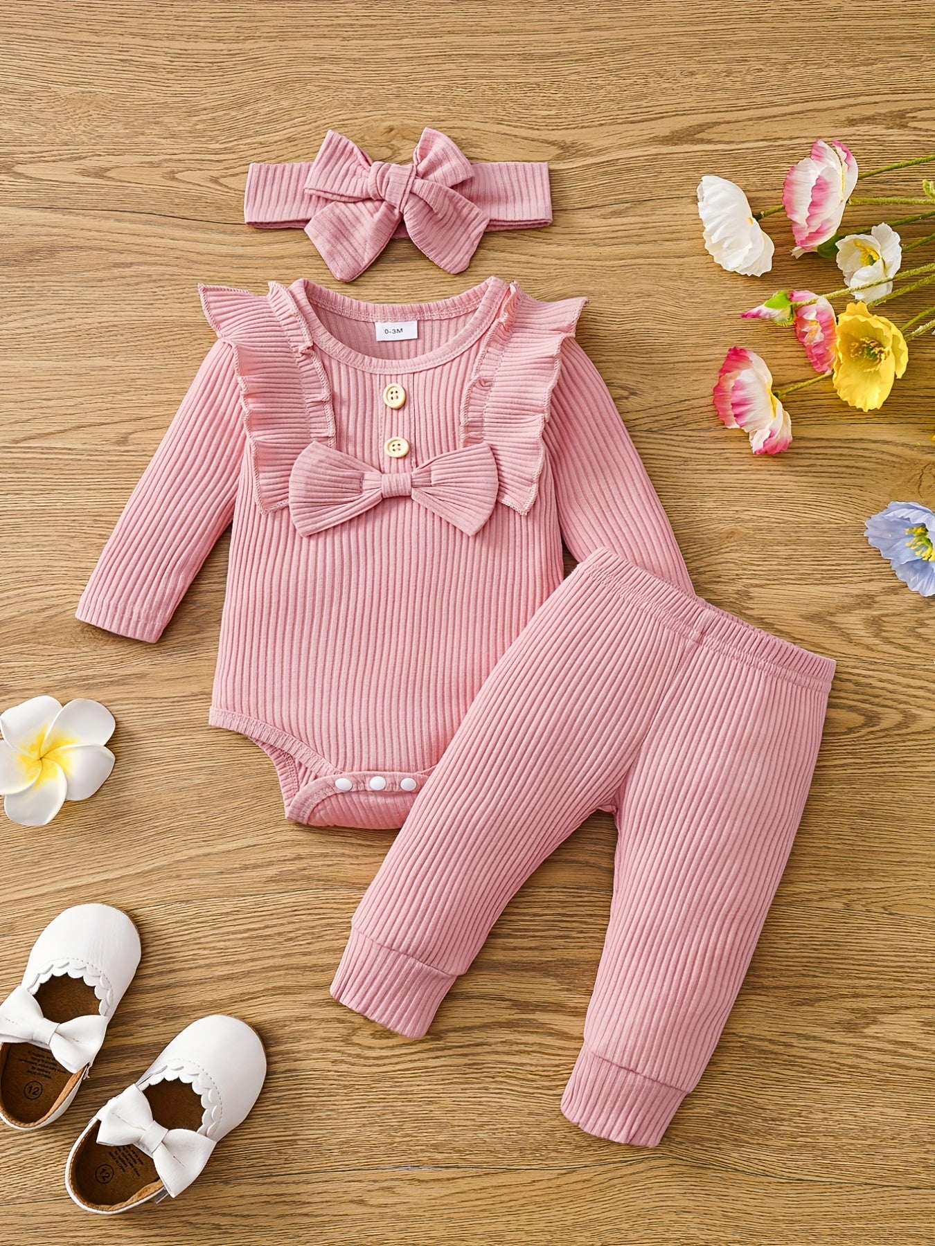 3pcs Baby Girls Bowknot Onesie & Pants & Headband Set