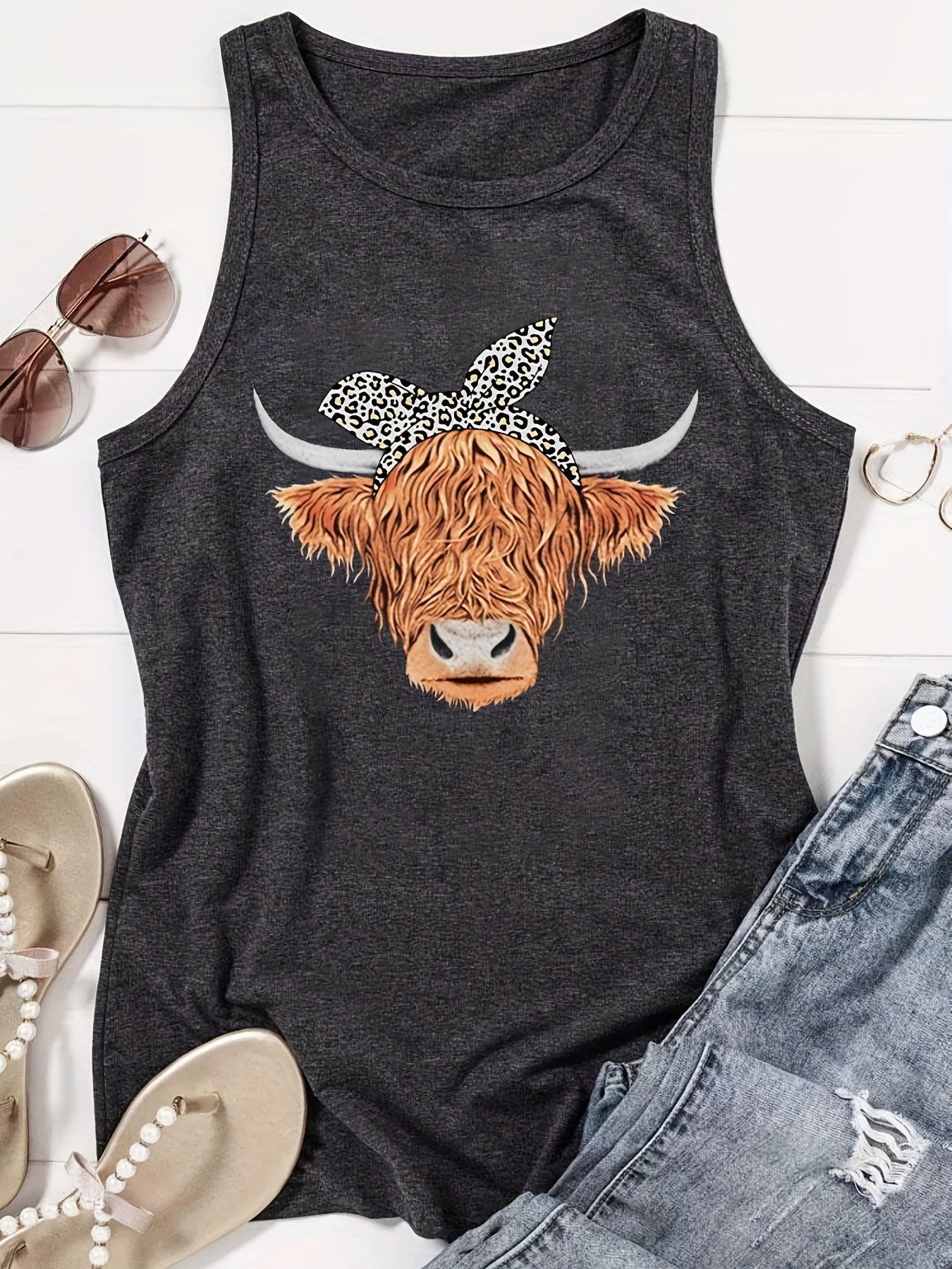 Cow Head Print Crew Neck Tank Top Sleeveless Casual Summer Women's Top