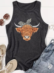 Cow Head Print Crew Neck Tank Top Sleeveless Casual Summer Women's Top