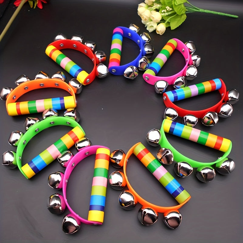 Wood Leather 5 Bell Half Round Hand Ring Music Children Grasp Toy