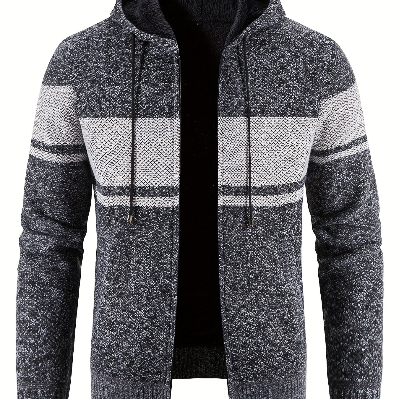 Knitted Block Hooded Sherpa Lined Cardigan Casual Zip Up Jacket