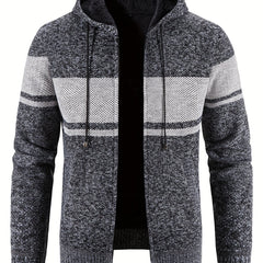 Knitted Block Hooded Sherpa Lined Cardigan Casual Zip Up Jacket