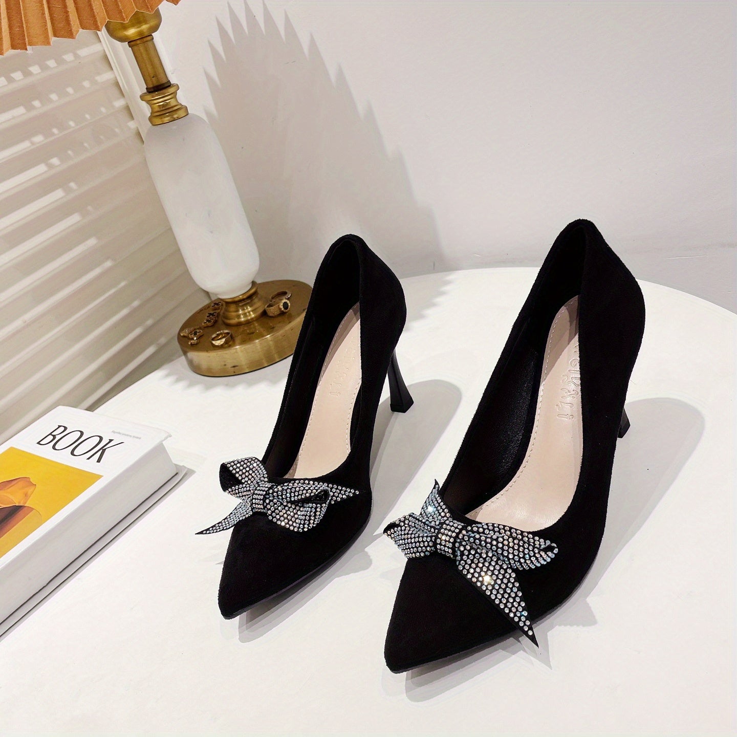 Rhinestone Bow Heels Pointed Toe Slip On Stiletto Party Pump