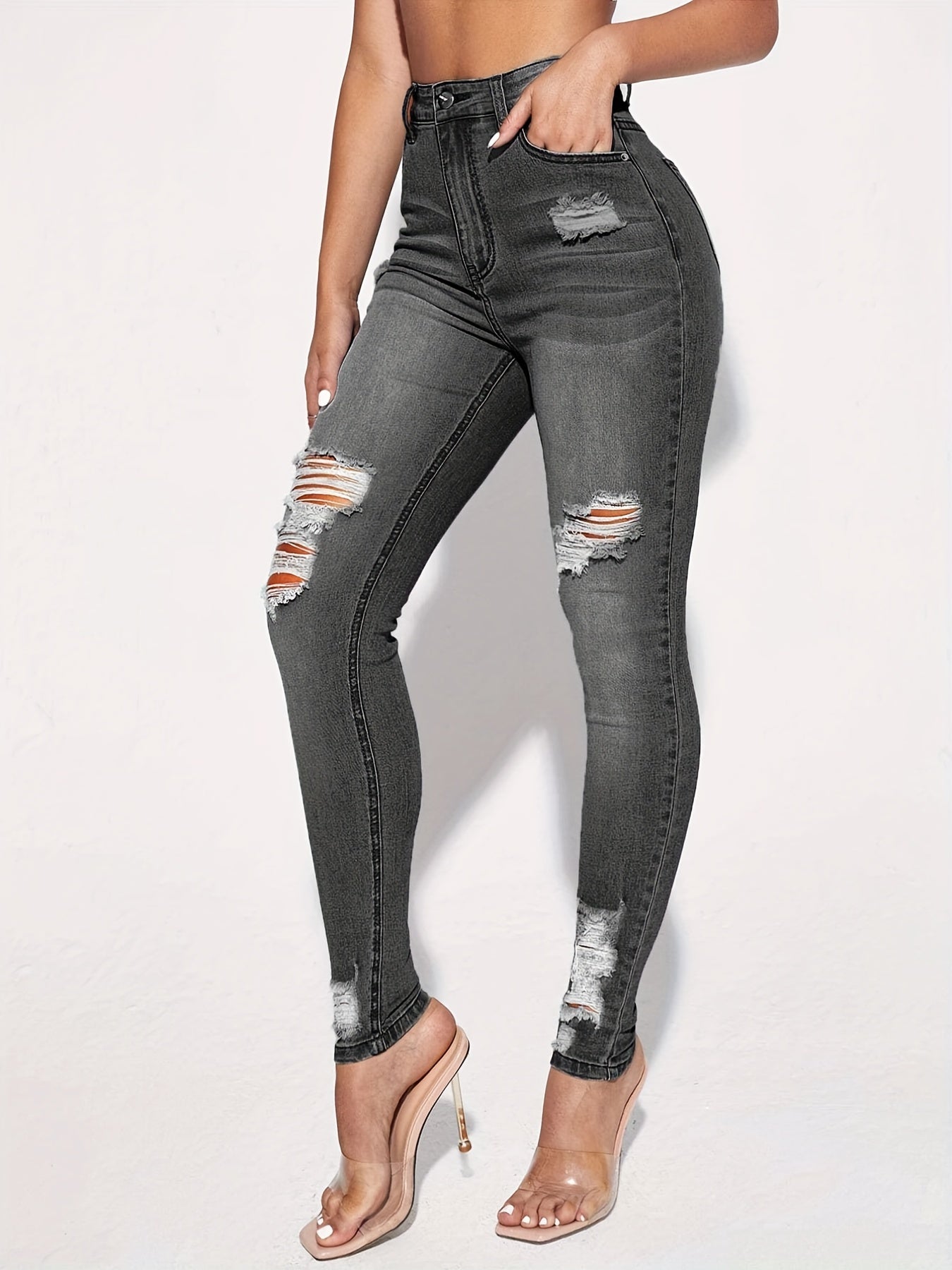 High Rise Ripped Skinny Jeans Distressed Washed Slash Pocket