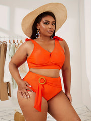 Vacay Bikini Set Solid V Neck Tie Shoulder Bra & Ruched Panty Swimsuit
