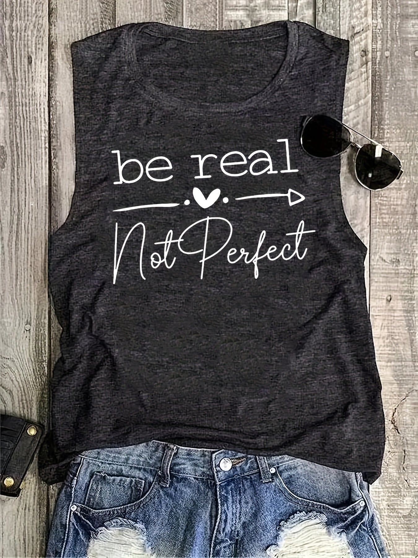 Be Real Letter Print Tank Top Casual Scoop Neck Sleeveless Tank Top
