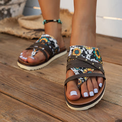 Sunflower Pattern Flat Sandals Hollow Beach Slippers