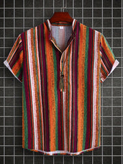 Ethnic Stripe Print Men s Casual Short Sleeve Shirt Summer Vacation Resort Tops