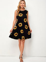 Sunflower Print Sleeveless Dress Casual Tank Dress For Spring & Summer