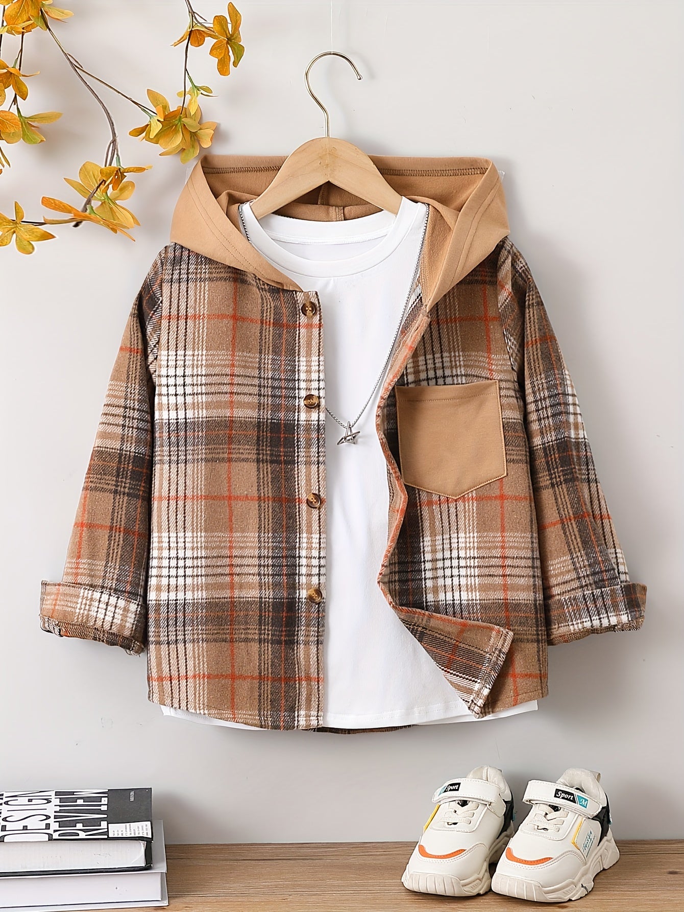 Boys Plaid Hooded Shirts Long Sleeve Button Down Hoodie Tops