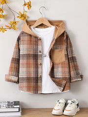 Boys Plaid Hooded Shirts Long Sleeve Button Down Hoodie Tops
