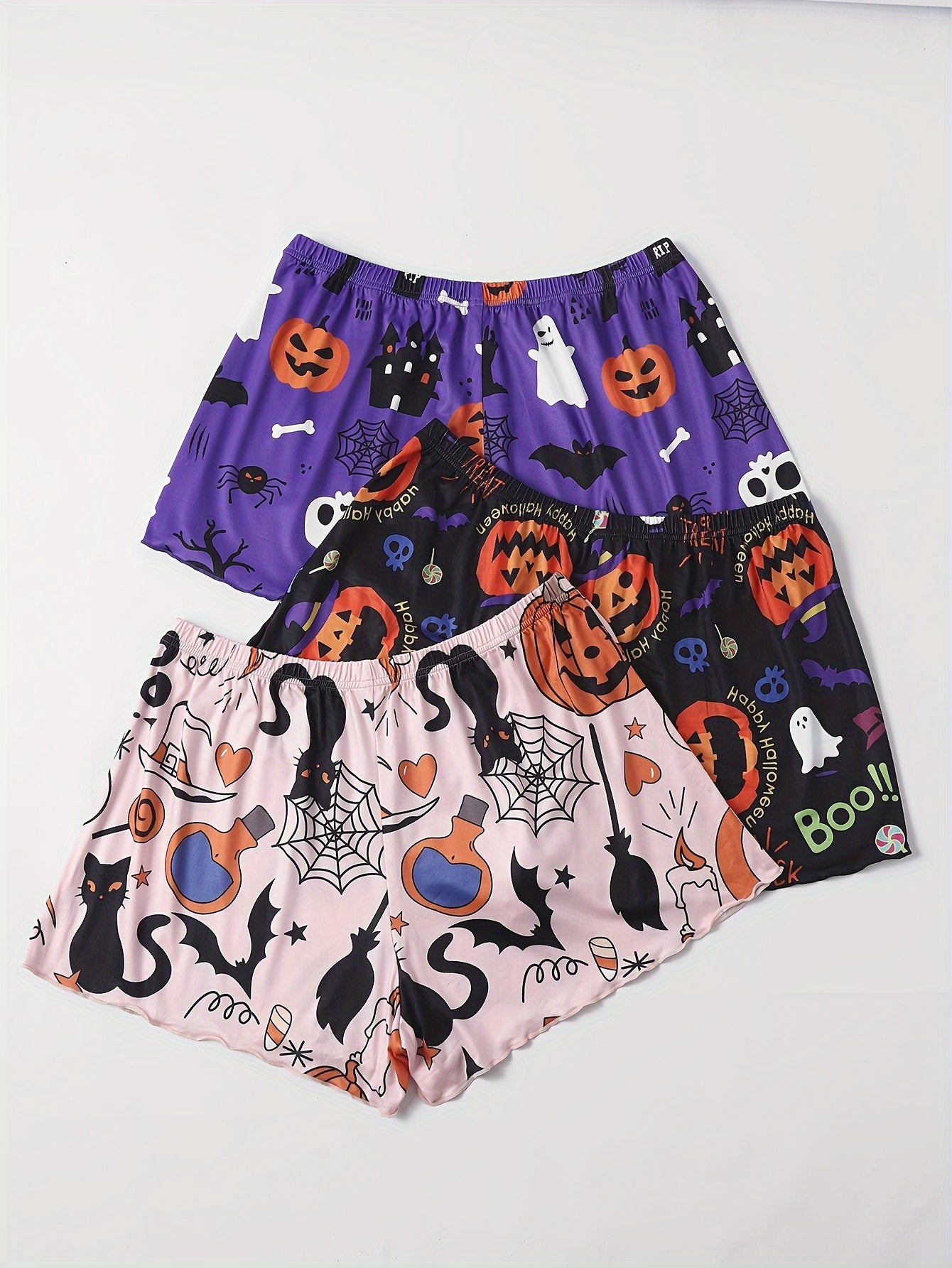 3 Pack Plus Size Y2K Halloween Pajama Bottoms Set: Pumpkin & Skull Print
