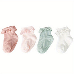 4 Pairs Baby Girls Socks, Soft Breathable & Non Slip for Autumn & Winter