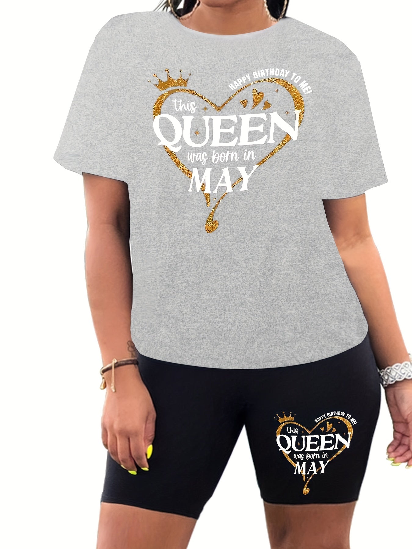Happy Birthday Print Two Piece Set Short Sleeve Crew Neck Casual T Shirt & Short