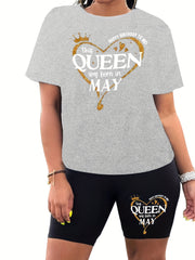 Happy Birthday Print Two Piece Set Short Sleeve Crew Neck Casual T Shirt & Short