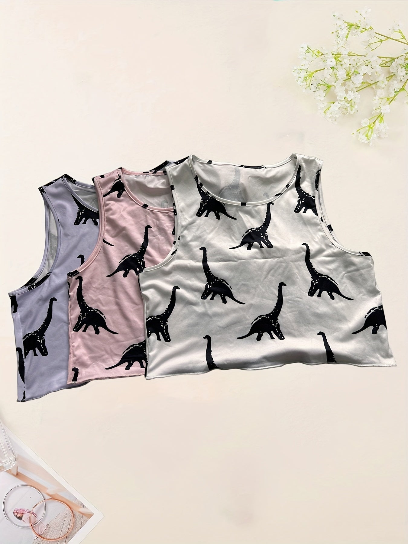 3-Pack Dinosaur Print Tank Tops Crew Neck Sleeveless Summer Top