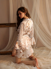 Floral Print Satin Night Robe Lace Sleeve V Neck House Robe Women's Sleepwear