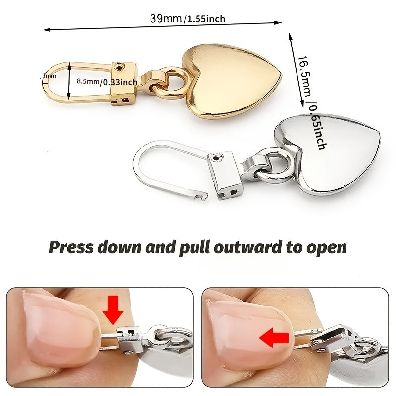 5pcs Metal Zipper Pull Ji Heart Shape Coat Backpack Jacket Pants Jeans Purse