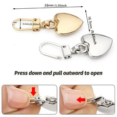 5pcs Metal Zipper Pull Ji Heart Shape Coat Backpack Jacket Pants Jeans Purse