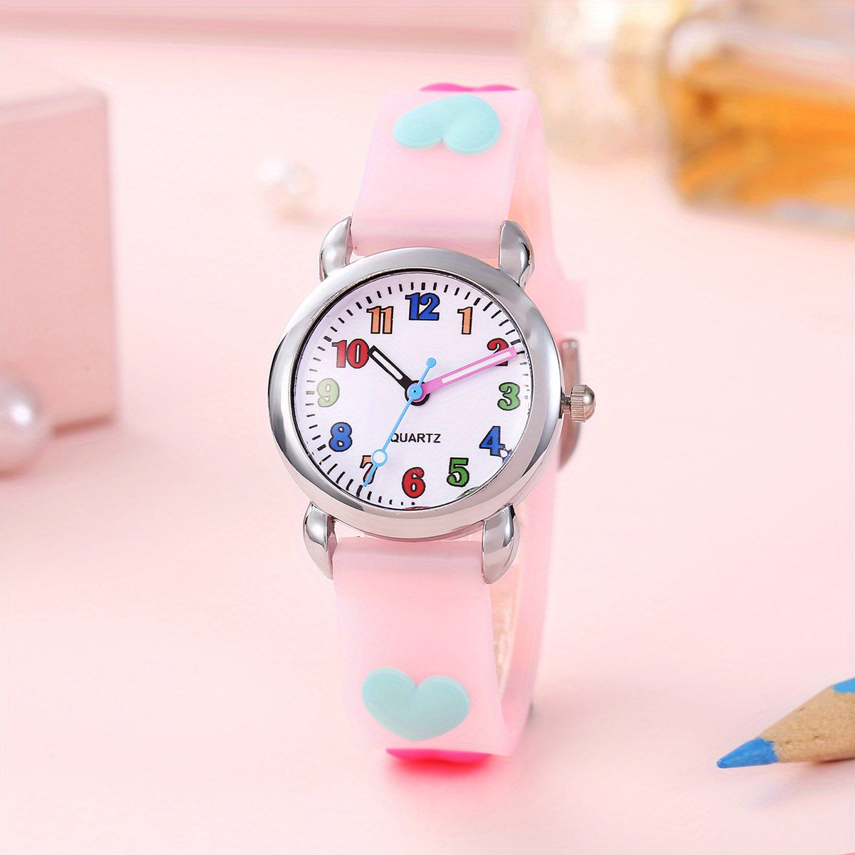 Colorful 12 Numbers Children's Cartoon Student Heart Band Wrist Watch