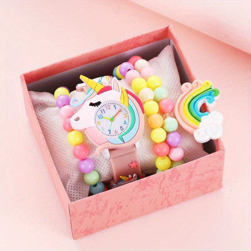 Dobroa Girls' Unicorn Watch Set with Bracelet & Necklace, Pastel Colors