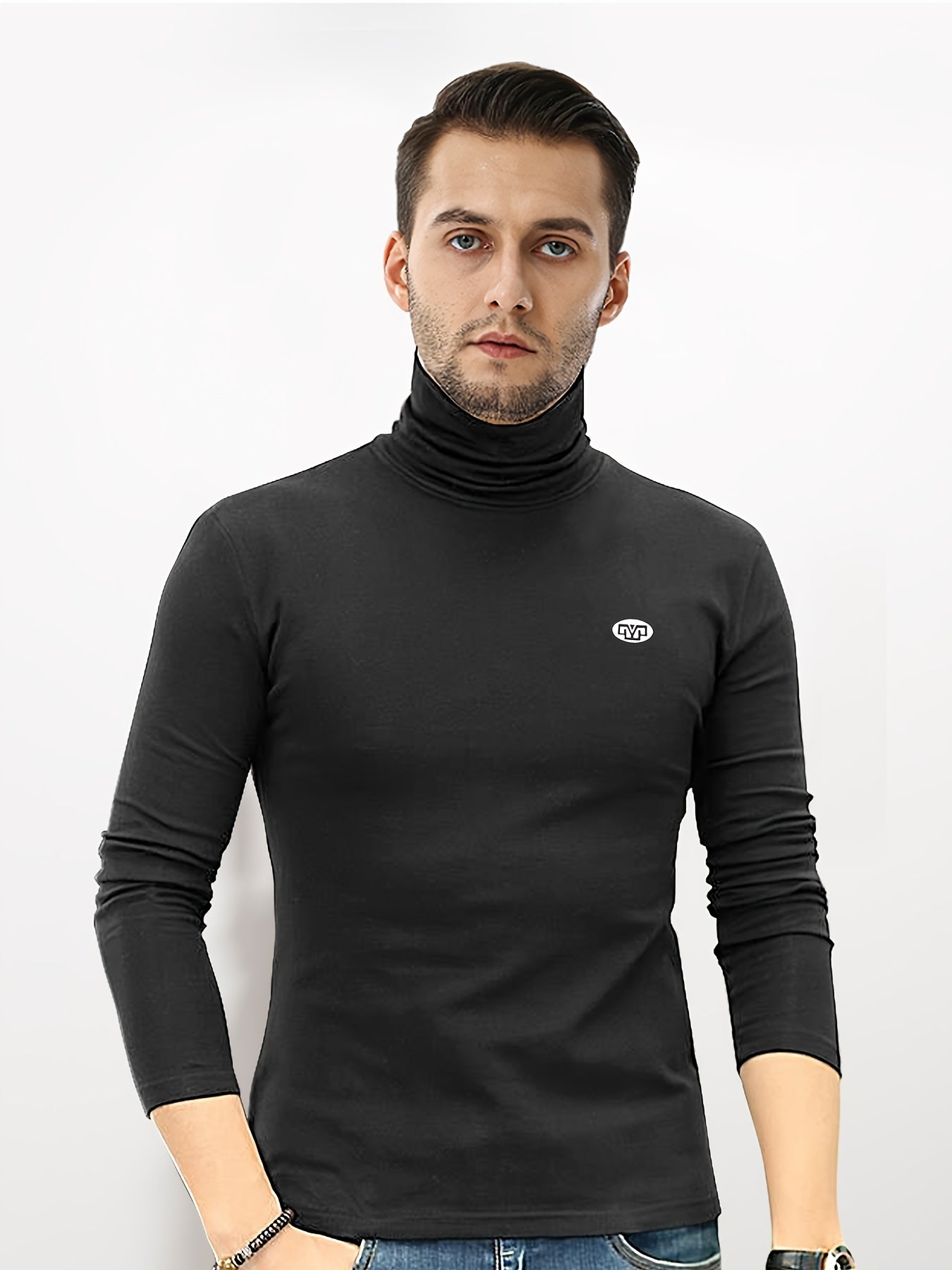 Men's High Neck Knitted Sweater Solid Mid Stretch Pullover for Spring