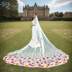 Bridal Veil with 3D Floral Embellishments Long Train Romantic Wedding Accessory