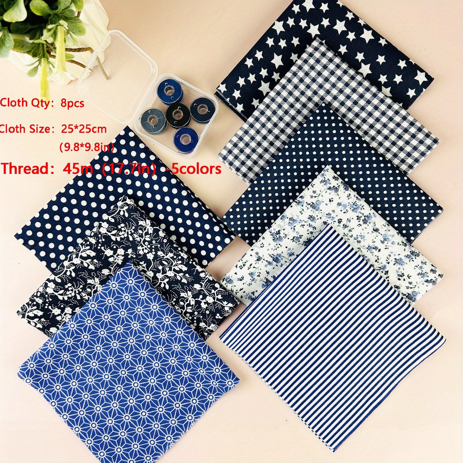 8pcs Floral Cotton Fabric Precut Bundles With Threads for DIY Sewing