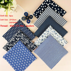 8pcs Floral Cotton Fabric Precut Bundles With Threads for DIY Sewing