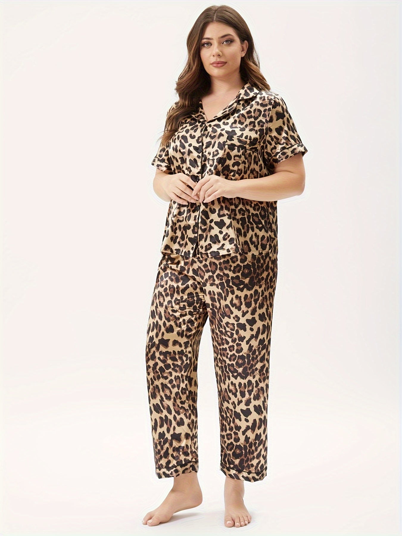 Women's Plus Leopard Print Silk Pajama Set
