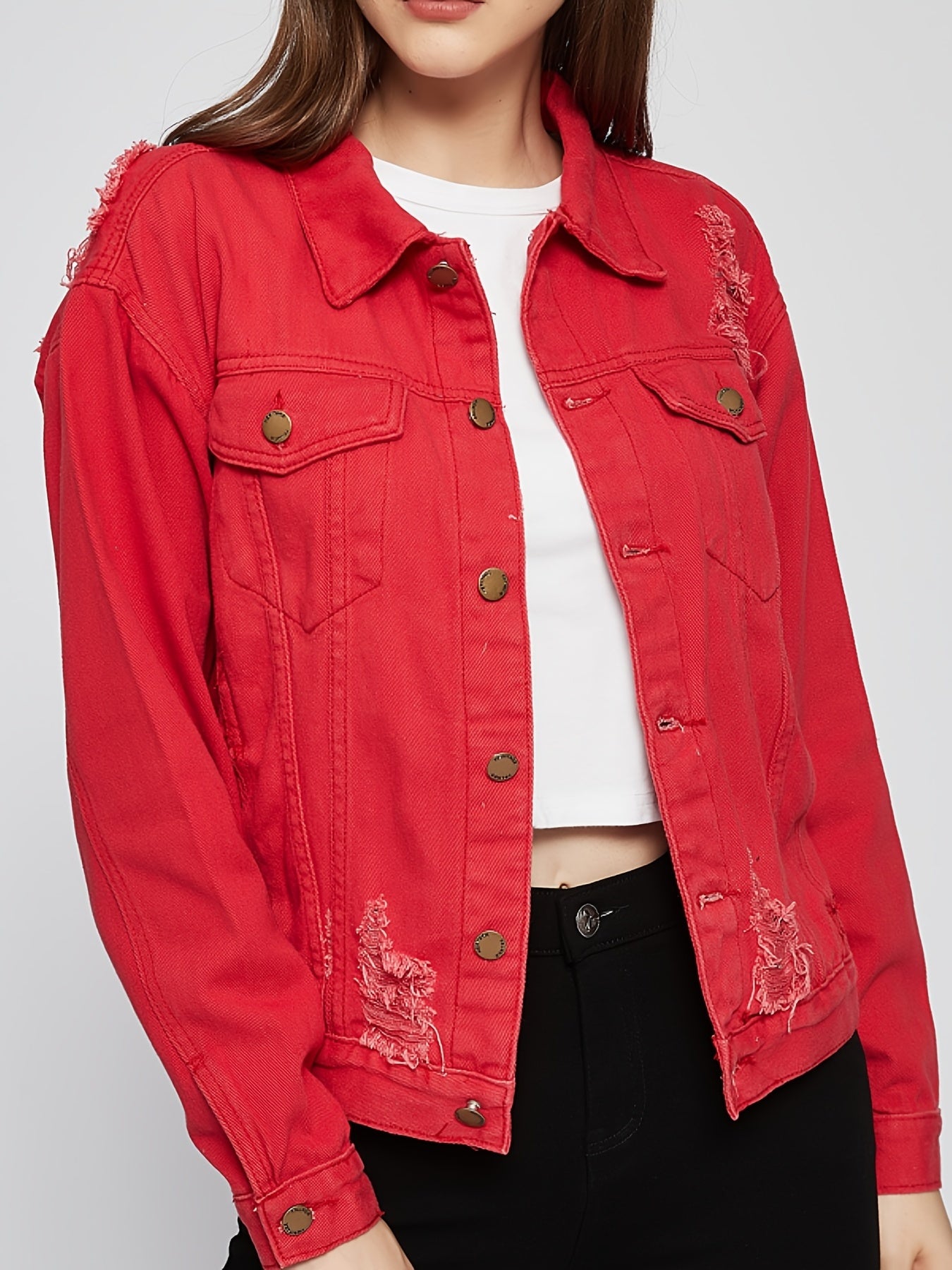 Red Distressed Deco Fit Jacket Red Coat Women's Denim Coat