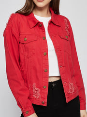 Red Distressed Deco Fit Jacket Red Coat Women's Denim Coat