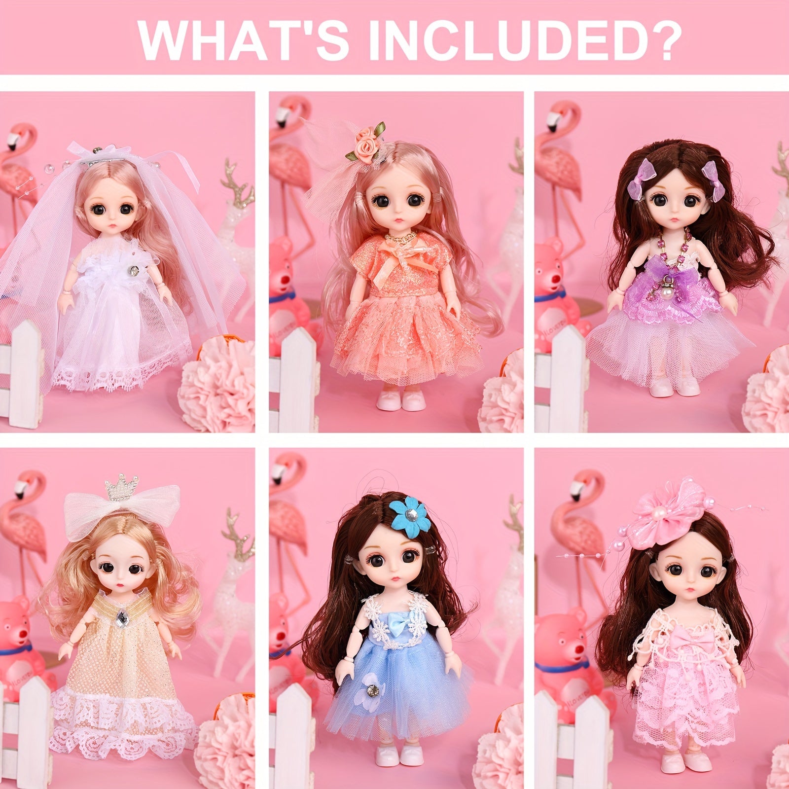 6pcs Mini Princess Doll Set with Accessories Mixed Colors