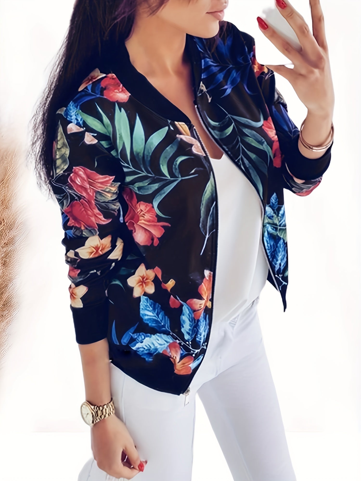 Floral Print Zip Up Jacket Casual Baseball Neck Sweater