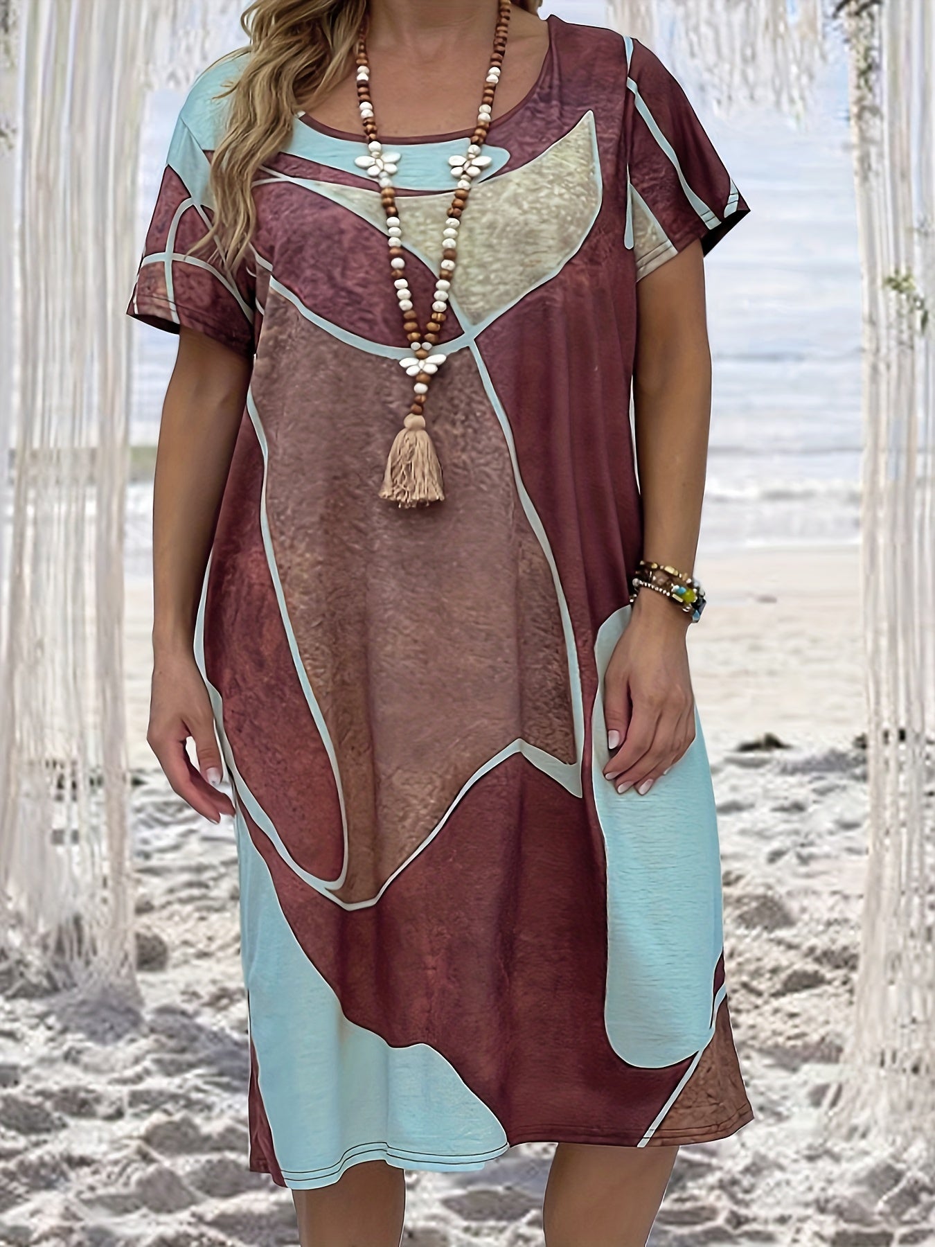 Casual Plus Size Dress with Pockets, Short Sleeve Print Round Neck