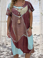 Casual Plus Size Dress with Pockets, Short Sleeve Print Round Neck