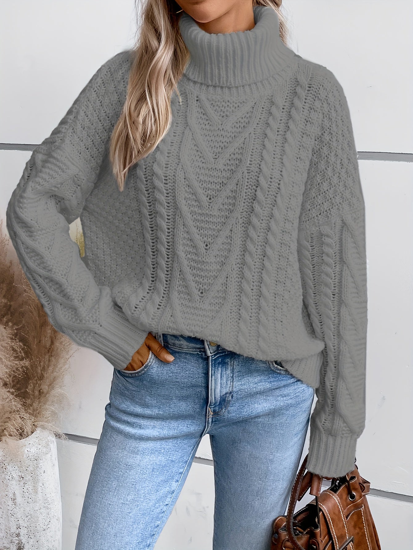 Solid Turtle Neck Pullover Sweater Long Sleeve Casual Winter Women's Clothing