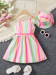 2pcs Toddler Girls Rainbow Stripe Cami Dress & Hat Set for Summer