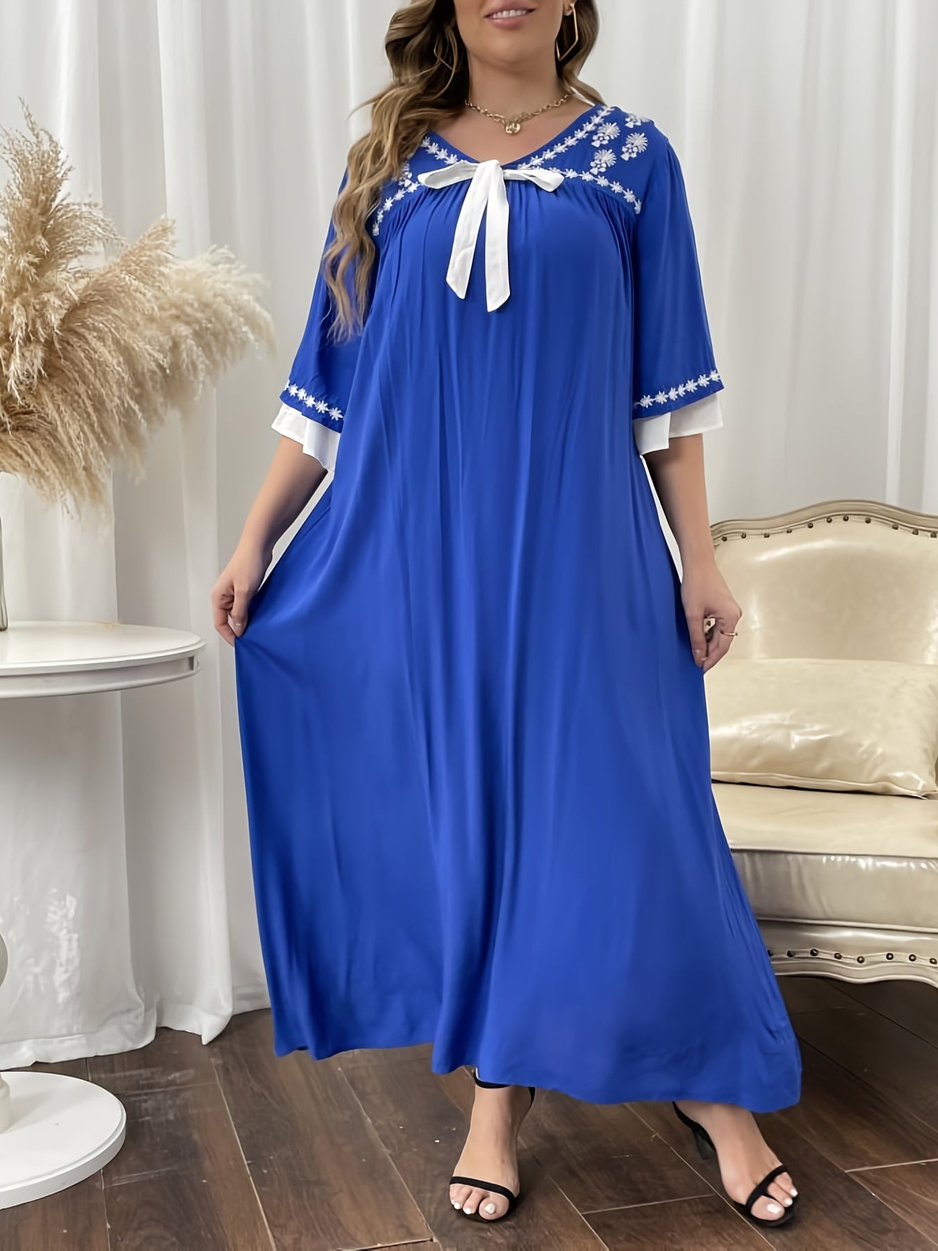 Floral Embroidered Half Sleeve Maxi Dress Ethnic Long Dress