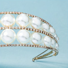 Wide Brim Headband Rhinestone Bride Crown Set 2 Tiers Pearl Hair Band