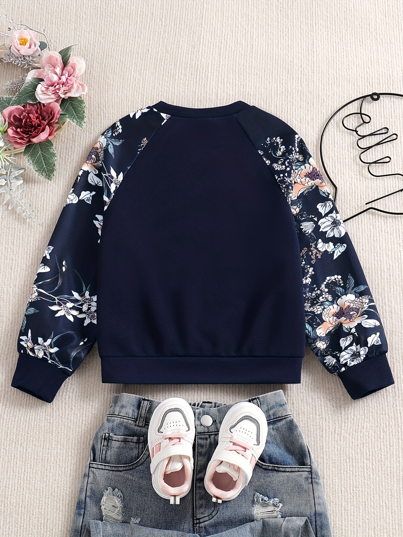 Girls' Raglan Floral Print Casual Sweatshirt Top