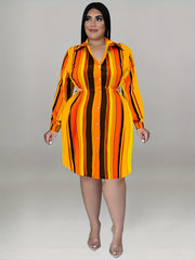 Colorblock Stripe Print Button Up Shirt Dress