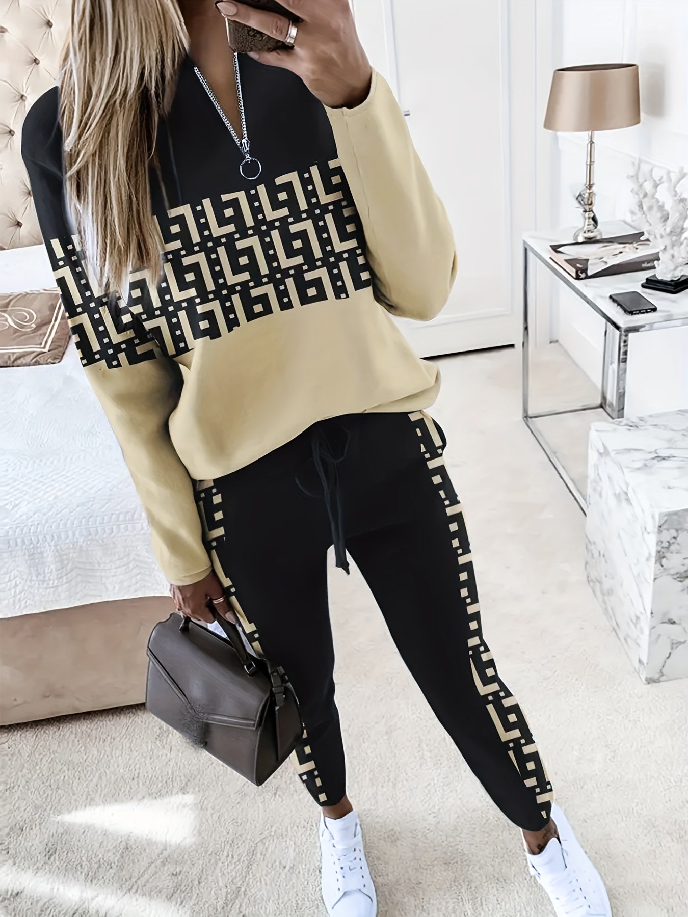 Graphic Print Two piece Set Block Zipper Tops & Drawstring Pants Outfits