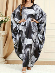Marble Print Batwing Sleeve Round Neck Plus Size Kaftan Dress